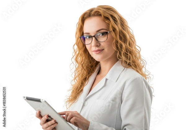 Fototapeta Woman in lab coat with tablet isolated on transparent background