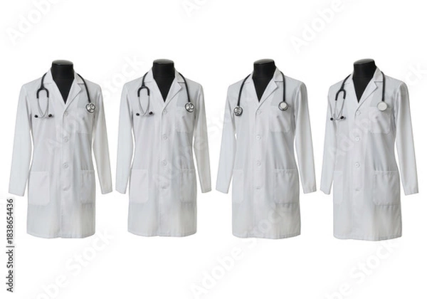 Fototapeta Four white doctor coats with stethoscopes isolated on transparent background