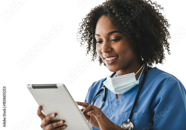 Fototapeta Smiling nurse with stethoscope and mask using tablet isolated on transparent background