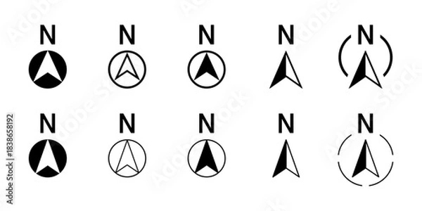 Fototapeta Basic Black and White North Arrow Sign Symbol Icon Set for Map Orientation. Vector Image.