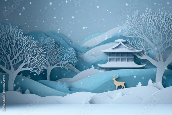 Obraz ペーパークラフト調 和風の雪景色と五重塔イメージ