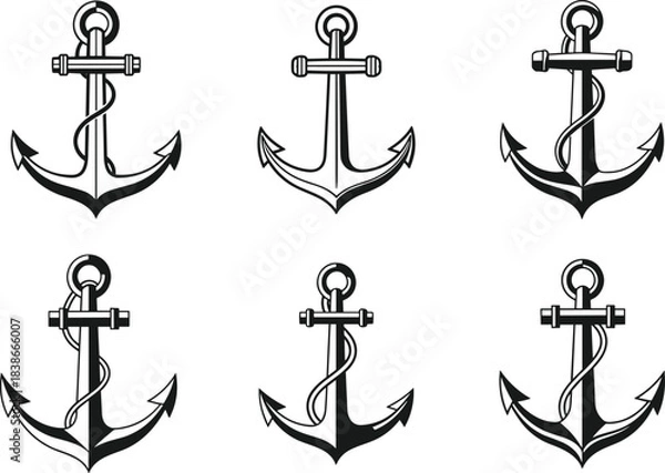 Fototapeta Anchor illustrations set, nautical symbol graphics, marine anchor designs, rope-wrapped anchor artwork, maritime icon collection, sailor theme vector elements