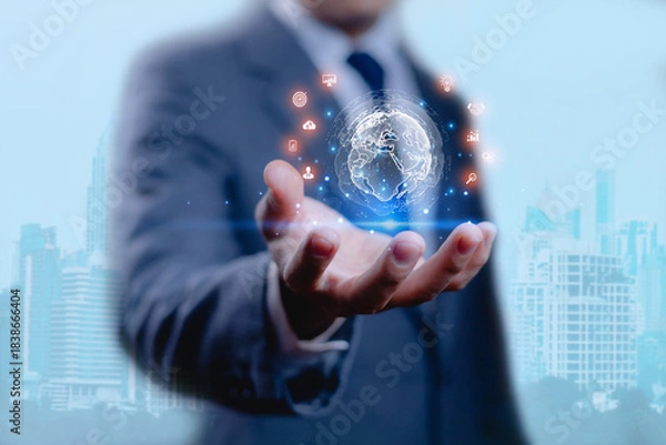 Fototapeta Businessman using artificial intelligence technology by touching virtual AI interface for innovation, data analysis, and digital transformation in modern business strategy.