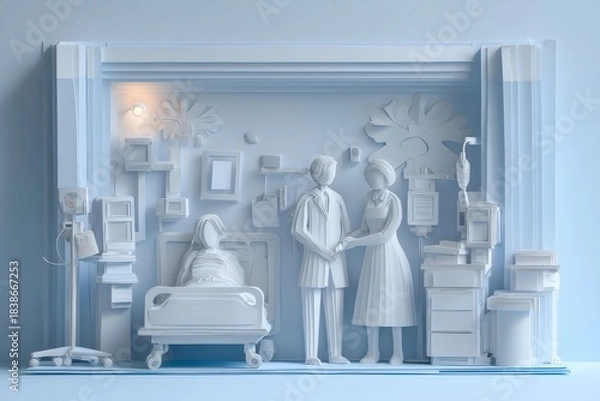 Obraz ペーパークラフト調 街中の病院と医療スタッフの風景