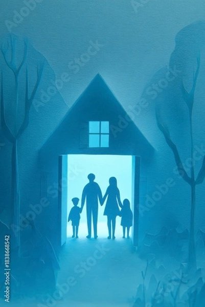 Obraz ペーパークラフト調 玄関に立つ家族のマイホームイメージ