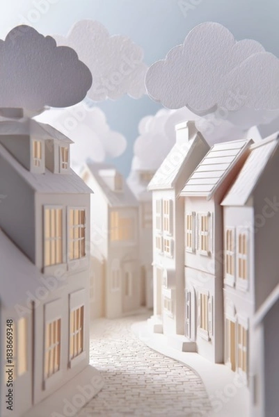 Obraz ペーパークラフト調 ヨーロッパ風住宅街の小路シーン