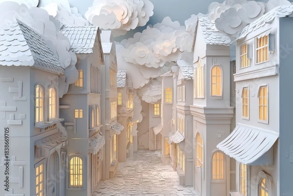 Obraz ペーパークラフト調 ヨーロッパ風住宅街の小路シーン