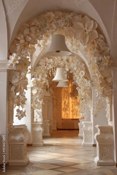 Obraz ペーパークラフトの花回廊 ― ウェディングベルが響くアーチの道