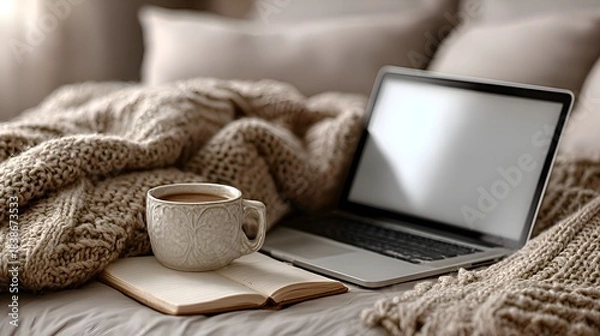 Obraz A cozy scene depicts a laptop, open book, and cup of coffee arranged on a bed with a soft blanket, creating a relaxing atmosphere.