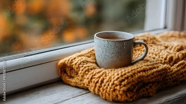 Obraz Cozy speckled mug sits on a mustard-colored knit blanket on a ill with autumn leaves blurred in the background of the window view.