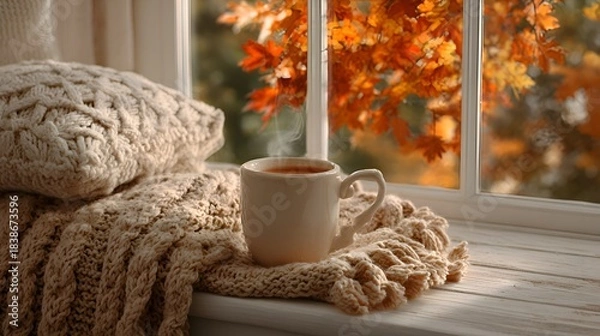 Obraz A cozy mug of hot tea sits on a knitted blanket near a window with colorful autumn leaves creating a warm and inviting seasonal scene.