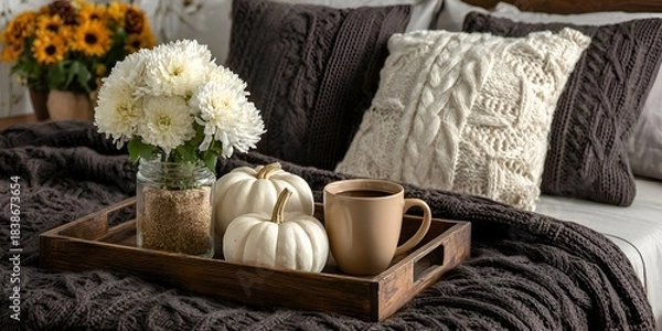 Obraz A cozy autumn scene features white pumpkins, flowers, and coffee on a wooden tray in a warm bedroom setting with knit pillows d?cor.