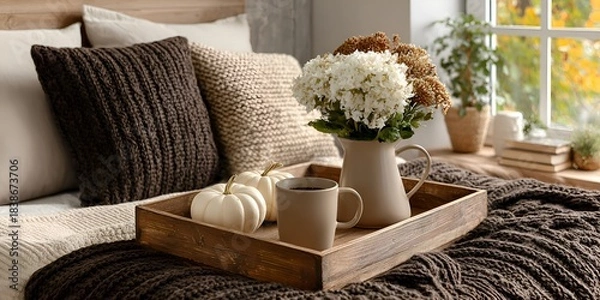 Obraz Cozy autumn morning on bed with tray featu coffee, decorative pumpkins, and a vase of flowers by the window in warm home interior decor.