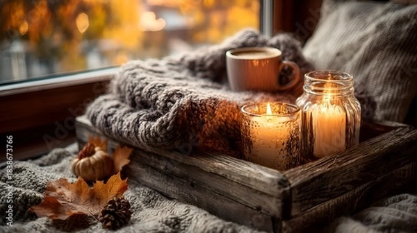 Obraz Cozy autumn scene with candles and coffee set on a wooden tray next to a window with fall foliage creating a warm and relaxing atmosphere.