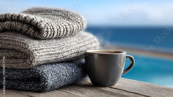 Obraz A steaming coffee cup sits beside a cozy stack of knitted sweaters, overlooking a scenic ocean view on a rustic wooden surface outdoors.