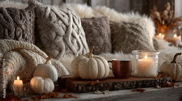 Obraz A cozy autumn arrangement features white pumpkins, a warm drink, soft pillows, and glowing candles creating a serene seasonal atmosphere.