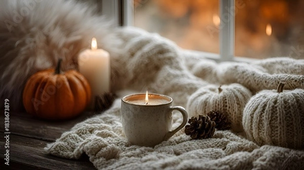 Obraz Cozy autumn arrangement featu a warm candlelit drink pumpkins and soft knit blanket creates a comforting fall atmosphere at a window sill.