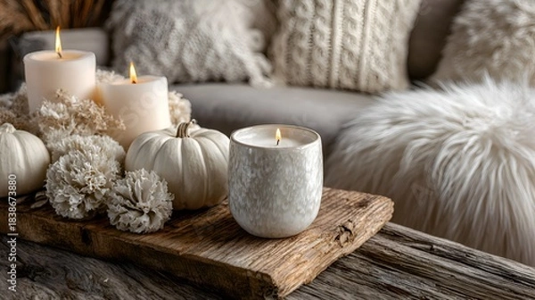 Obraz Cozy autumn still life featu candles, white pumpkins, dried flowers, and textures of knitted cushions for a relaxing atmosphere indoors.