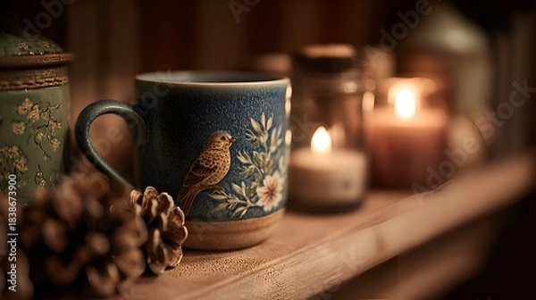 Obraz A cozy blue ceramic mug with a bird design sits near lit candles creating a warm and peaceful ambiance on a rustic wooden shelf.