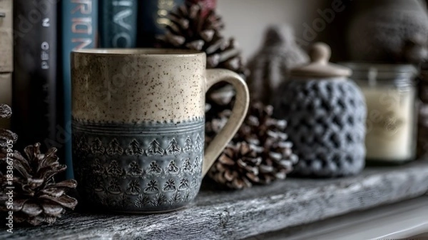 Obraz A cozy mug sits among pinecones and decorative jars on a rustic wooden shelf creating a warm inviting winter holiday scene at home.