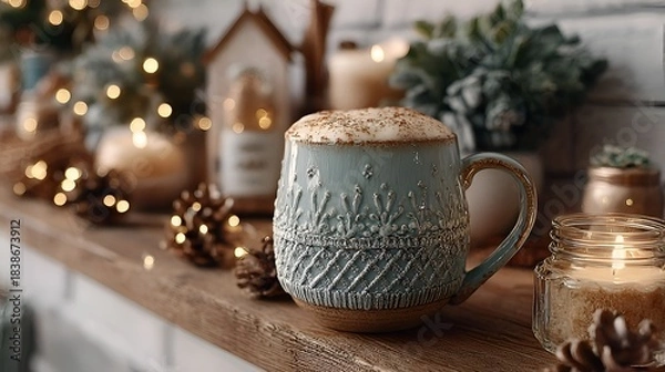 Obraz A cozy winter scene shows a ceramic mug of foamy coffee amidst pinecones, candles, and soft lights for a relaxing holiday atmosphere.