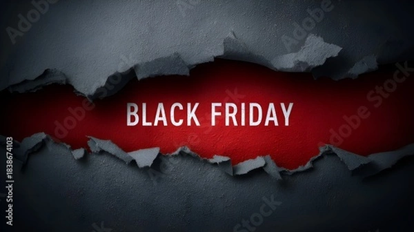 Obraz Dramatic black friday sale announcement showing text against a red background revealed through torn dark gray textured paper edges with soft lighting.