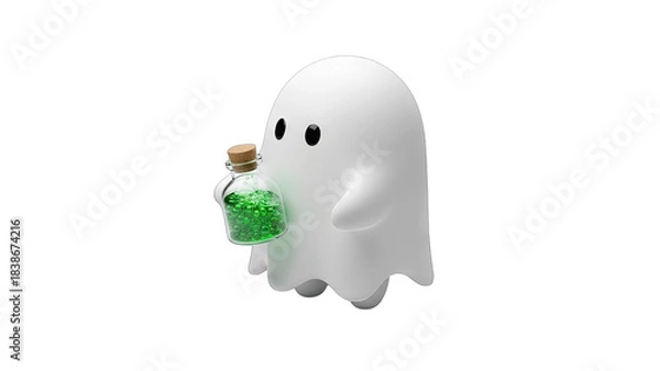 Obraz Cute Ghost Holding Potion Bottle on White Background