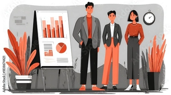 Obraz Three business colleagues standing by graphs and charts presentation board ready to analyze performance in the modern minimalist office space.