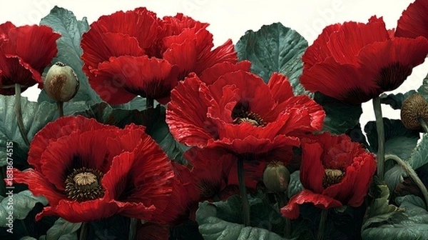 Obraz A vibrant display of deep red poppy flowers with ruffled petals and lush green foliage creates a striking and beautiful natural scene.