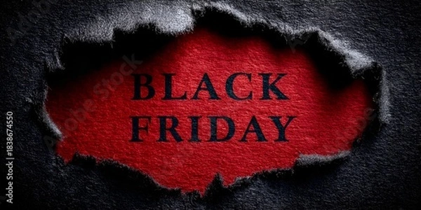 Obraz Black Friday message revealed through a torn black paper, with a vibrant red background highlighting the promotional event day.