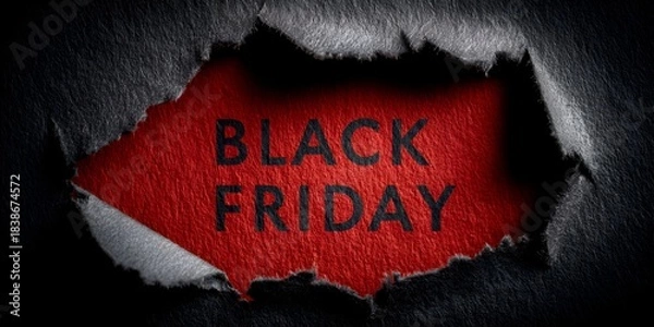 Obraz The words Black Friday are revealed through a torn black material background, highlighting sales and seasonal shopping excitement now.