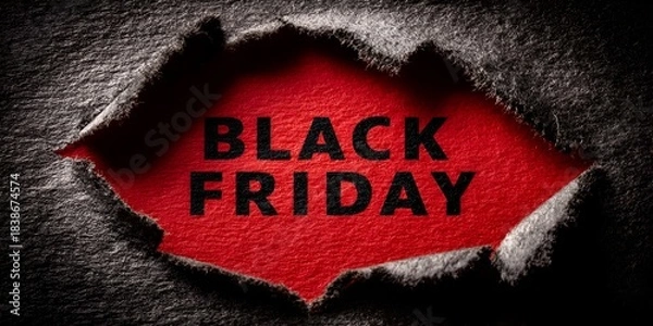 Obraz Black Friday message revealed through a hole torn in dark textured material against a bright red background creating a striking visual effect.