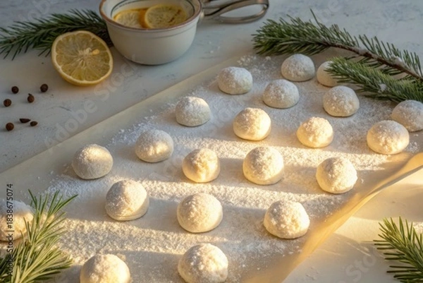 Fototapeta Buttery snowball cookies arranged on a table with lemon slices
