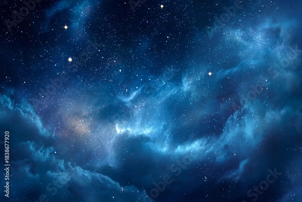 Obraz Dramatic blue space background with swirling dark nebula clouds, bright cosmic dust, and glittering stars, showcasing the universe's beauty.