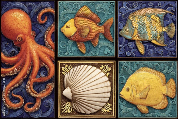 Obraz Detailed ceramic tile panel featuring a large orange octopus, gold-colored fish, and a white scallop shell. Vibrant sea life decor.