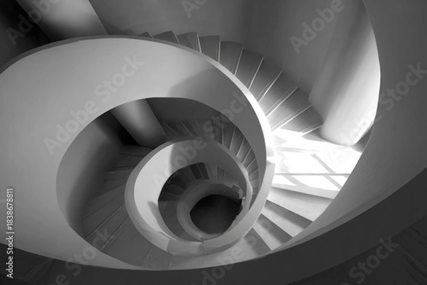 Obraz Abstract high-angle view of a white architectural spiral staircase. Monochrome, geometric design with ambient light.