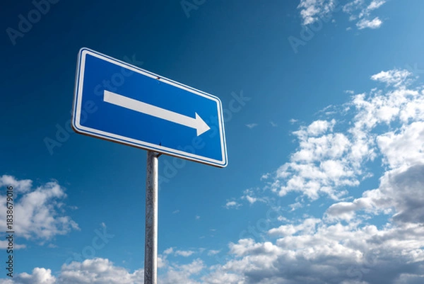Obraz Blue directional sign with a white arrow pointing right, set against a bright, cloudy blue sky. Traffic guidance.