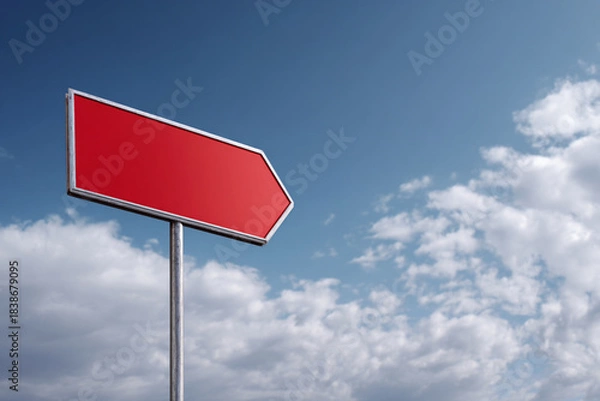 Obraz Clean red directional arrow sign against a bright blue sky with white clouds. Blank space for text.