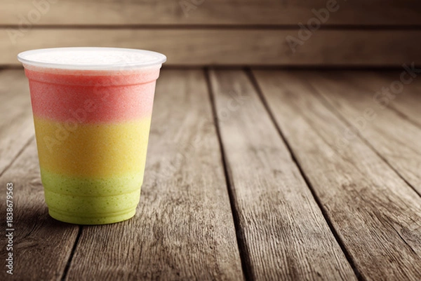 Obraz Red, yellow, and green tri-layered smoothie cup on a weathered wooden plank table. Summer healthy drink.