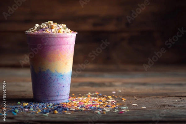 Obraz Layered purple, yellow, and pink smoothie with oat topping and scattered colorful sprinkles. Blurry background.