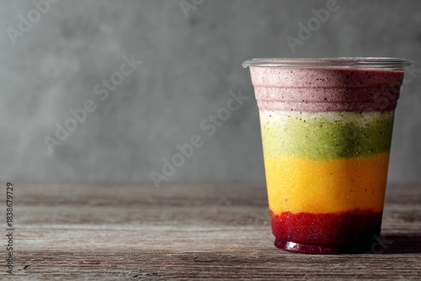 Obraz Multi-layered fruit and vegetable smoothie with rich colors on a wooden surface against a gray wall.