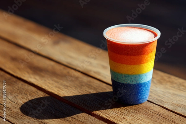 Obraz Rainbow-colored layered smoothie in a clear cup on a sunlit wooden deck. Refreshing summer beverage