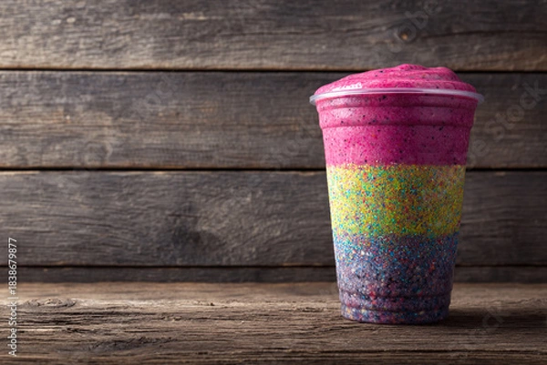 Obraz Multi-layered, brightly colored smoothie cup with sparkling layers sitting on a rustic wooden table. Healthy, vibrant, delicious beverage.