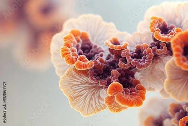 Obraz Macro view of vibrant, complex symbiotic bacterial forms creating intricate, swirling biological textures. Abstract microbial life concept.