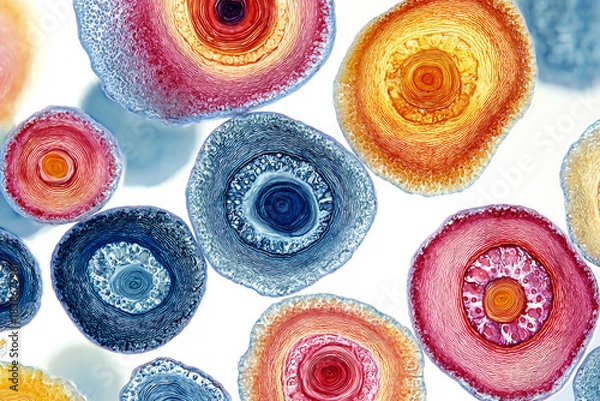 Obraz Colorful, abstract view of vibrant bacterial colonies forming concentric ring patterns. Microbiology, cellular structure, and life science concept.