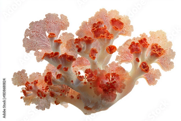Obraz Vibrant, highly detailed structure resembling deep-sea coral or a biological growth, with fine red and orange textures against a white background.