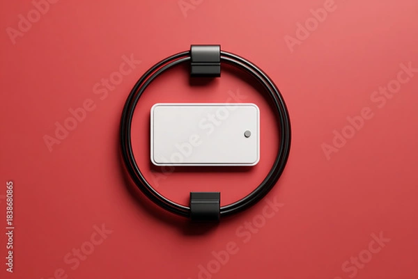 Obraz Modern, blank rectangular white badge or tag inside black, circular, and geometric design on a vibrant red background.