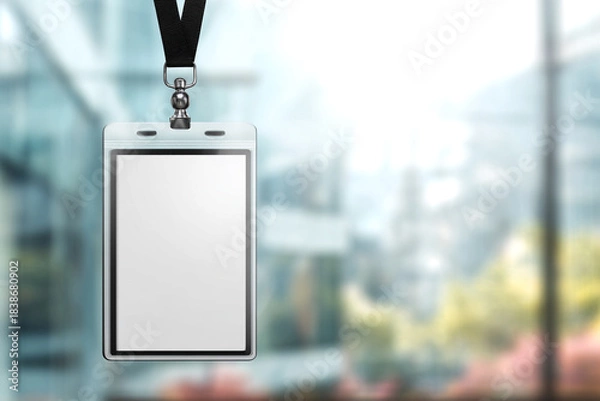 Obraz Empty, clear plastic corporate ID badge/lanyard holder hanging in a modern office building environment, ready for text.