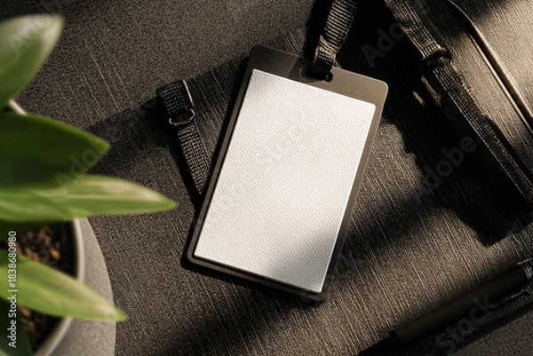 Obraz Blank black corporate ID card holder with a white insert, lanyard attached, on a dark textured desk next to a plant.