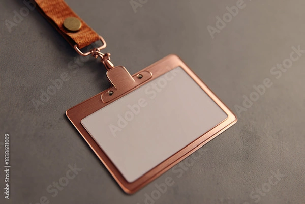Obraz Elegant, blank copper-toned metal ID badge holder with a white card space lying on a textured gray background, close-up shot.